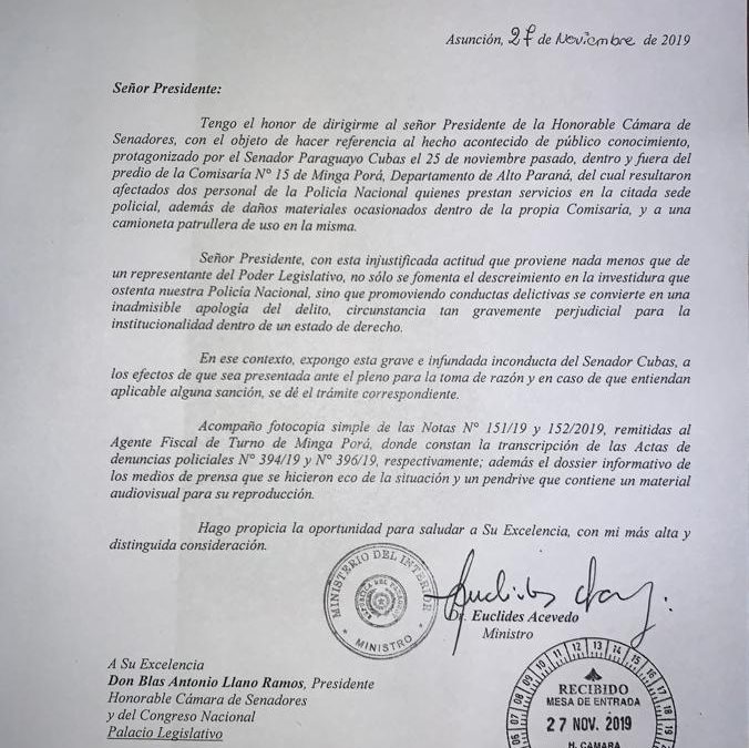 Ministro del Interior pide sanción para Payo