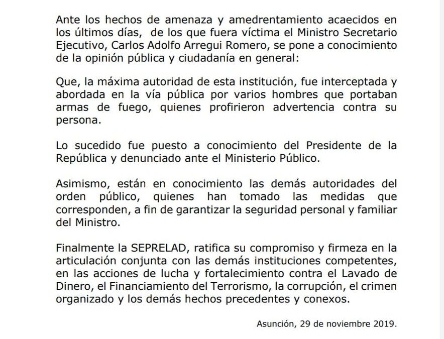 Amenazan a Ministro de Seprelad