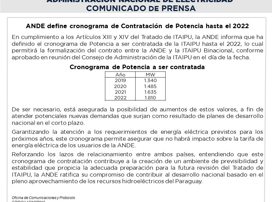 ANDE descarta aumentos hasta el 2022