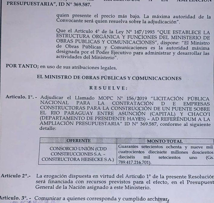 Adjudican obra del puente Asunción-Chaco’i