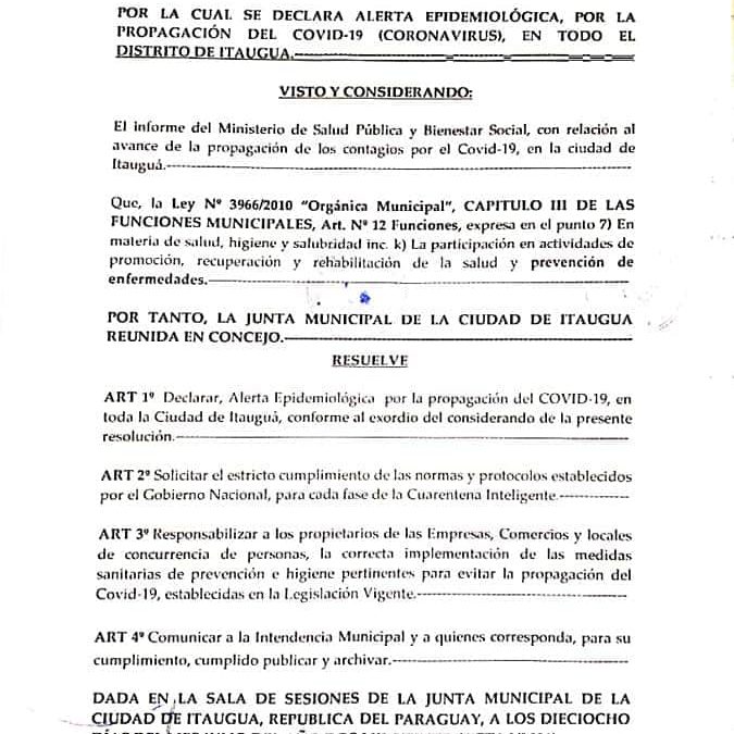 Junta Municipal de Itauguá declara alerta epidemiológica por Covid-19