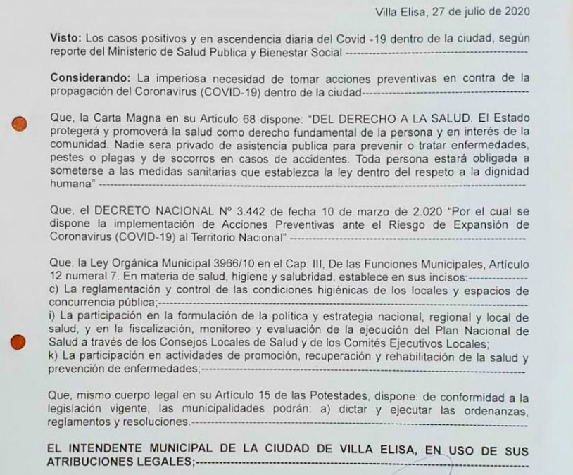 Declaran estado de emergencia sanitaria en Villa Elisa