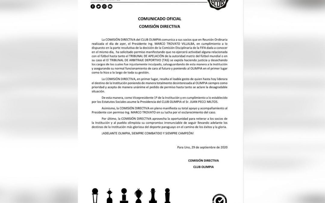 Juan Pecci asumirá como presidente del Olimpia hasta la asamblea