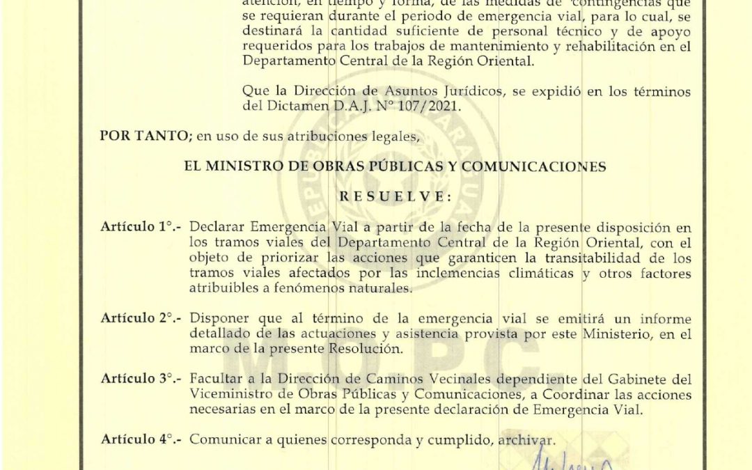 MOPC declara emergencia vial en Central