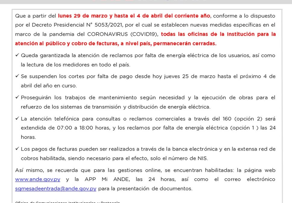 ANDE: oficinas permanecerán cerradas desde el lunes 29 marzo hasta el 4 de abril