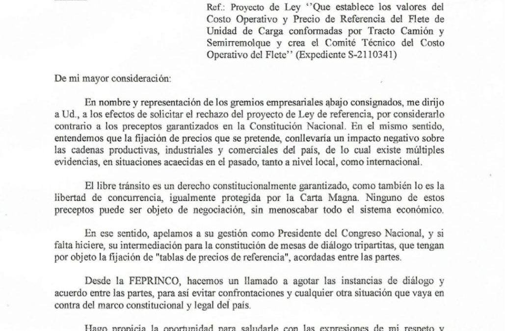 Feprinco pide al Congreso rechazar proyecto de ley de fletes