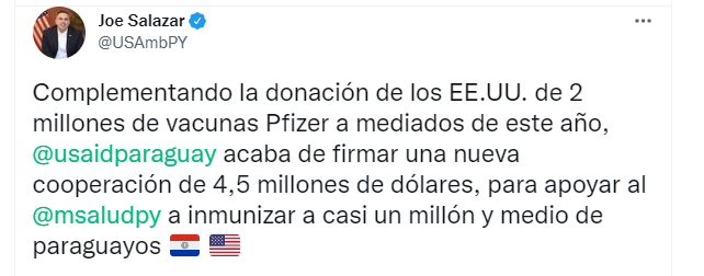 Vacunación anticovid: Estados Unidos cooperará con Salud USD 4,5 millones