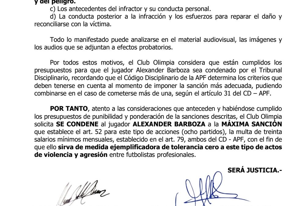 Olimpia pide al Tribunal de la APF la máxima sanción para Barboza