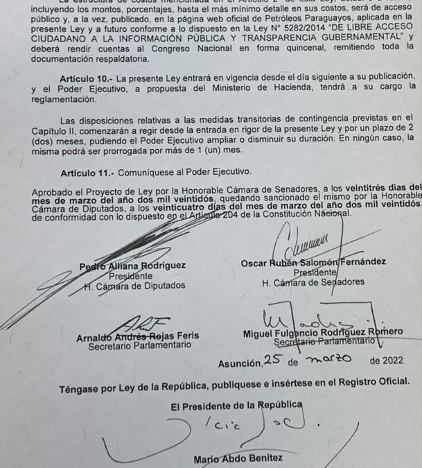 Petropar: Abdo promulga ley que subsidia al diésel común y nafta 93