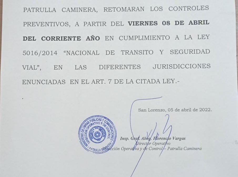 Patrulla Caminera retomará controles aleatorios desde el viernes