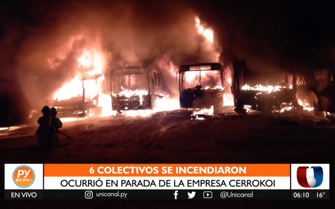 Incendio consume seis colectivos en una parada de Areguá